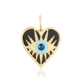 14K Gold Evil Eye on Black Onyx Heart Necklace Charm