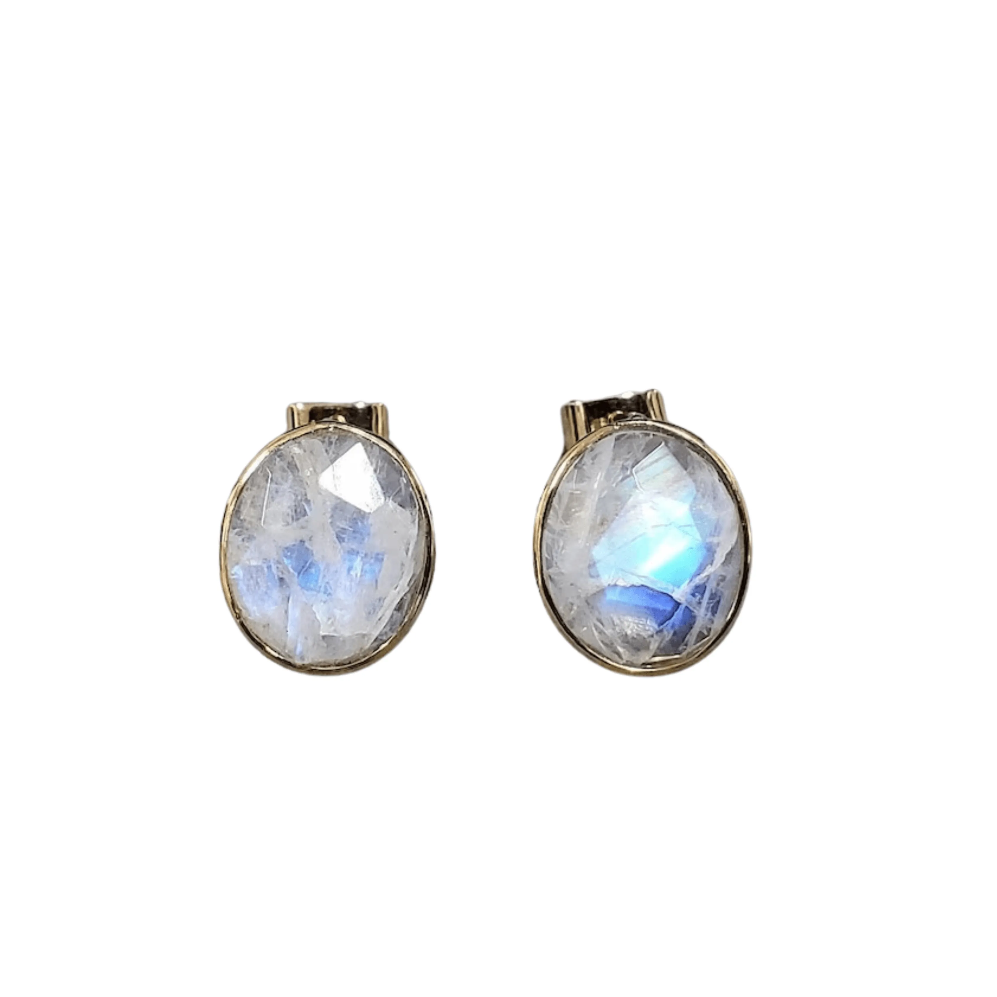 14k Gold Oval Rainbow Moonstone Studs Earrings