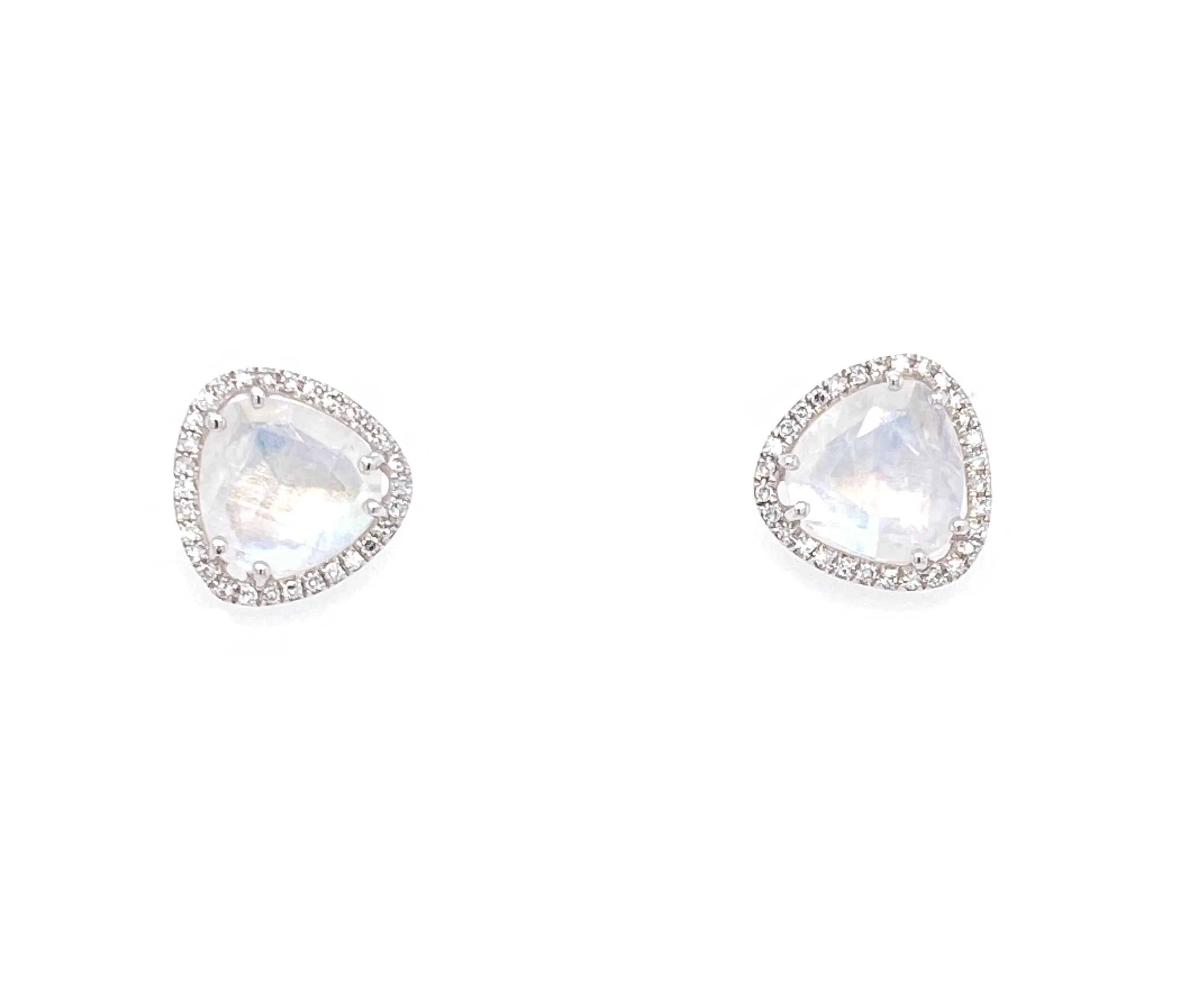 14K White Gold Round Diamond   Rainbow Moonstone Earrings