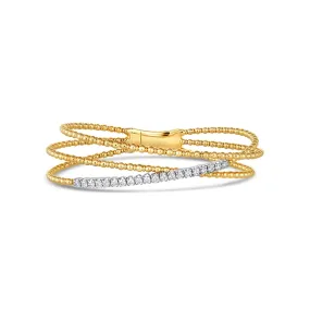 14K Yellow and White Gold Open Three Layer Beaded Crossover Diamond Bracelet