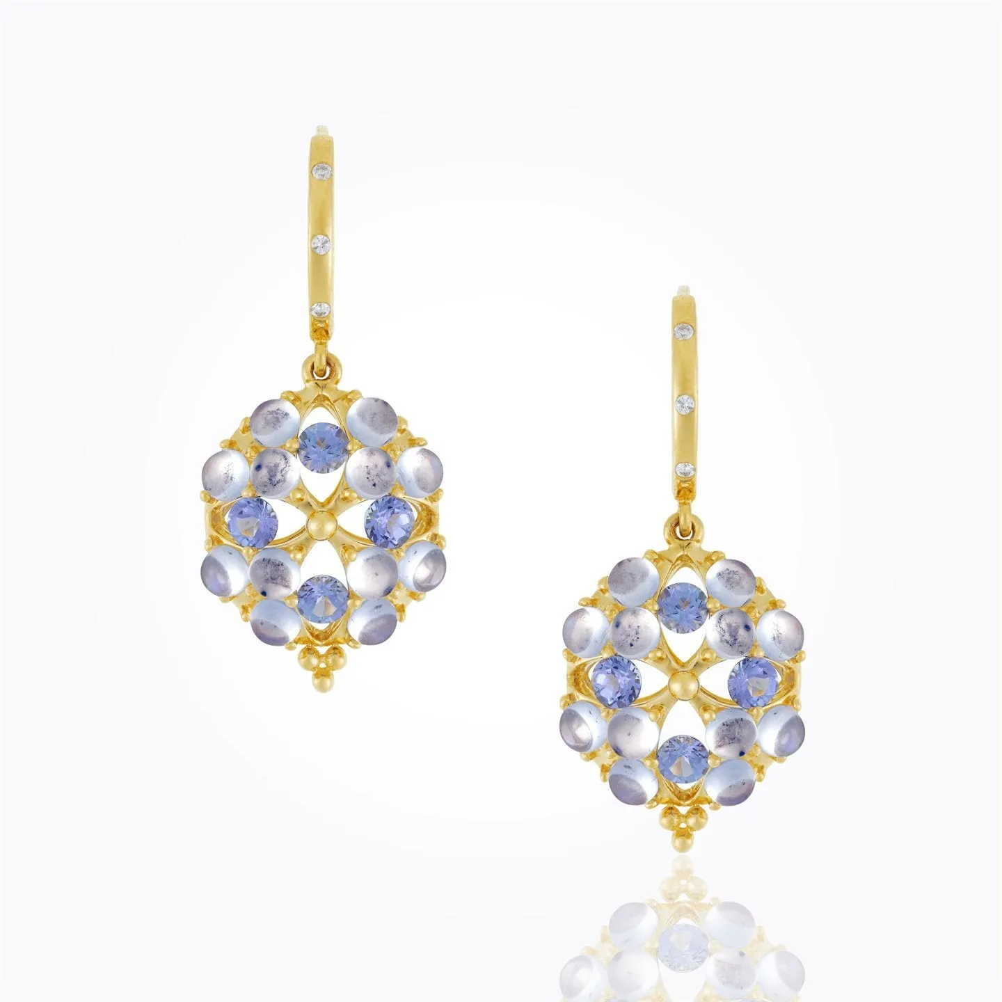 18K Cluster Earrings with royal blue moonstone, faceted tanzanite and diamond