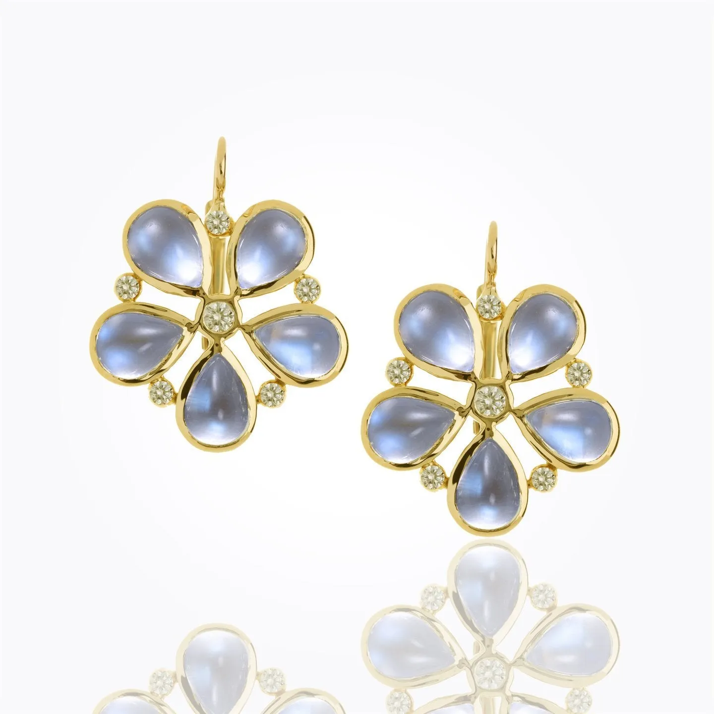 18K Flower Earrings with Royal Blue Moonstone and diamond