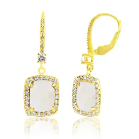 18K Gold Plated Genuine Moonstone Cushion Cut Dangle Drop Earrings With White Topaz Accents