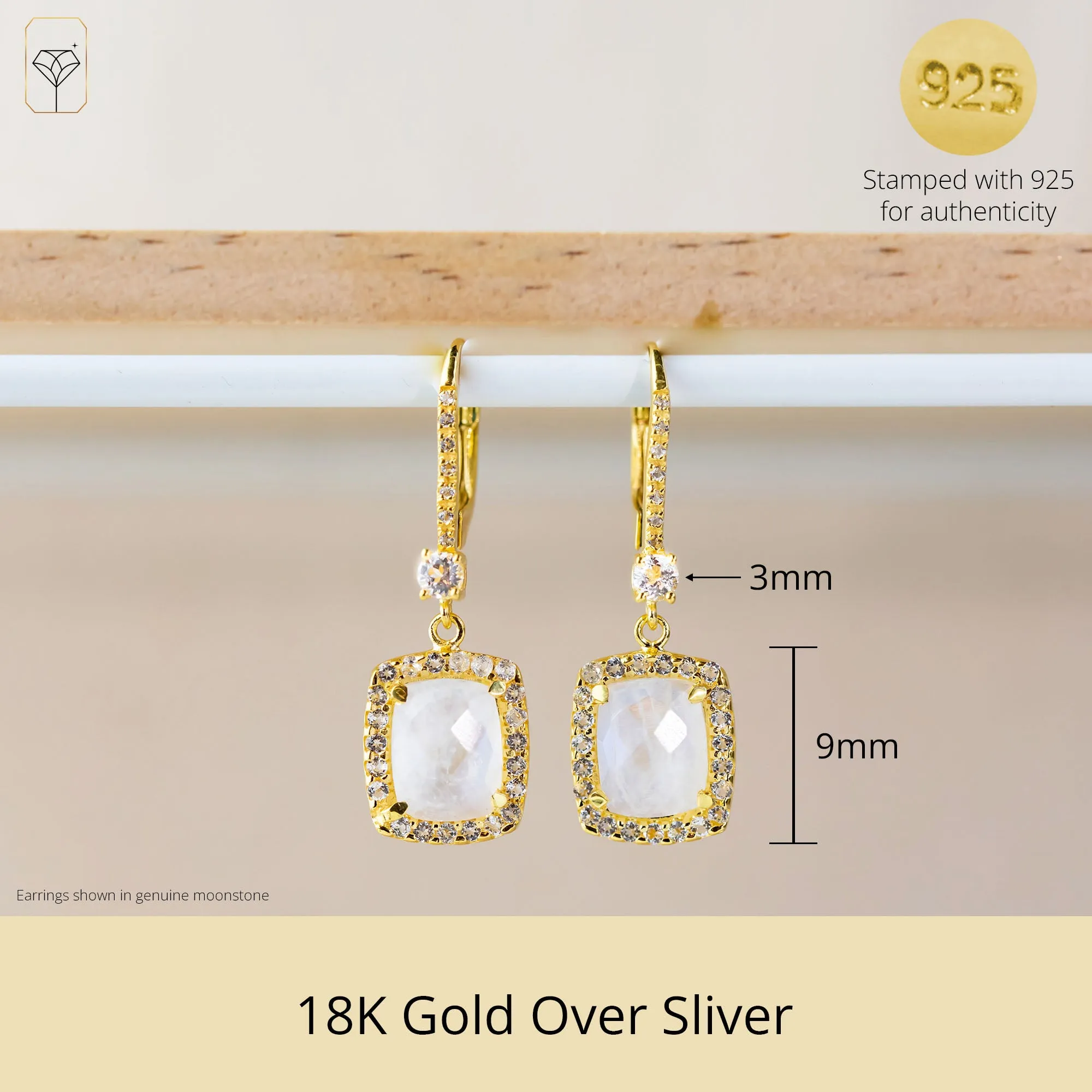 18K Gold Plated Genuine Moonstone Cushion Cut Dangle Drop Earrings With White Topaz Accents