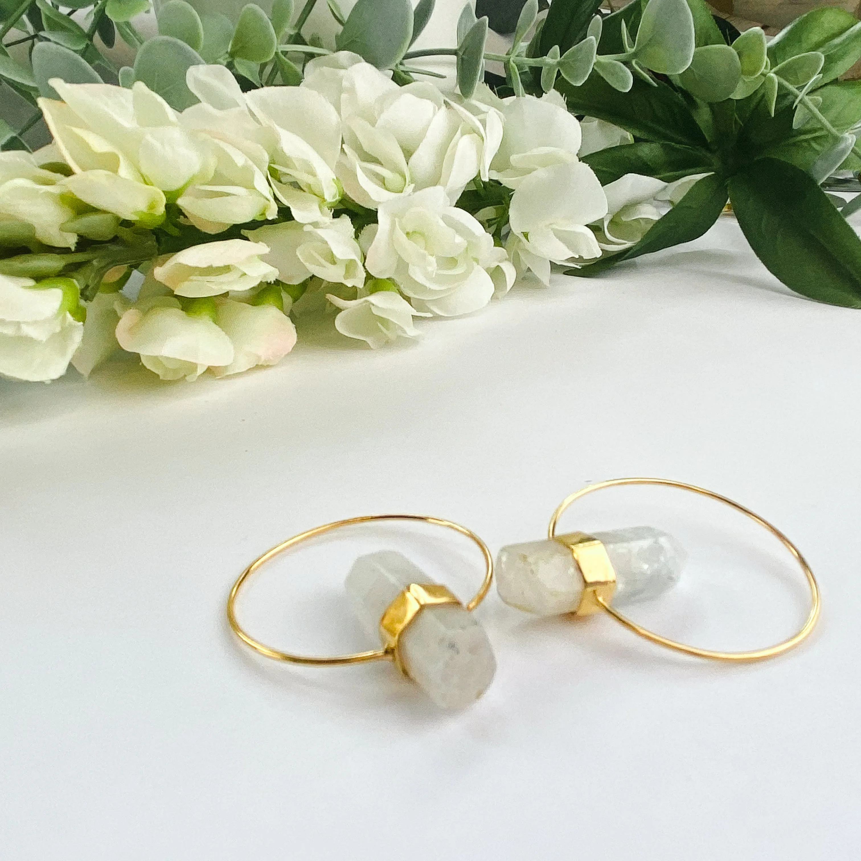 18k Gold Plated Hoops | Raw Moonstone Point