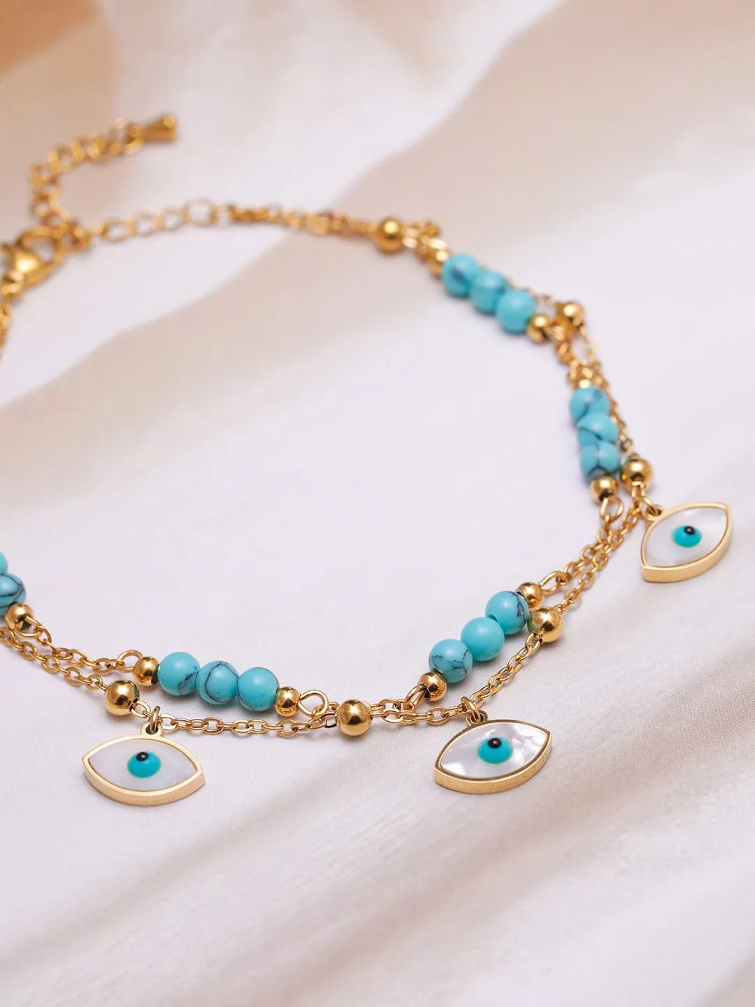 18K Gold-Plated Stainless Steel Tarnish-Free Waterproof Blue Bead Evil Eye Anklet