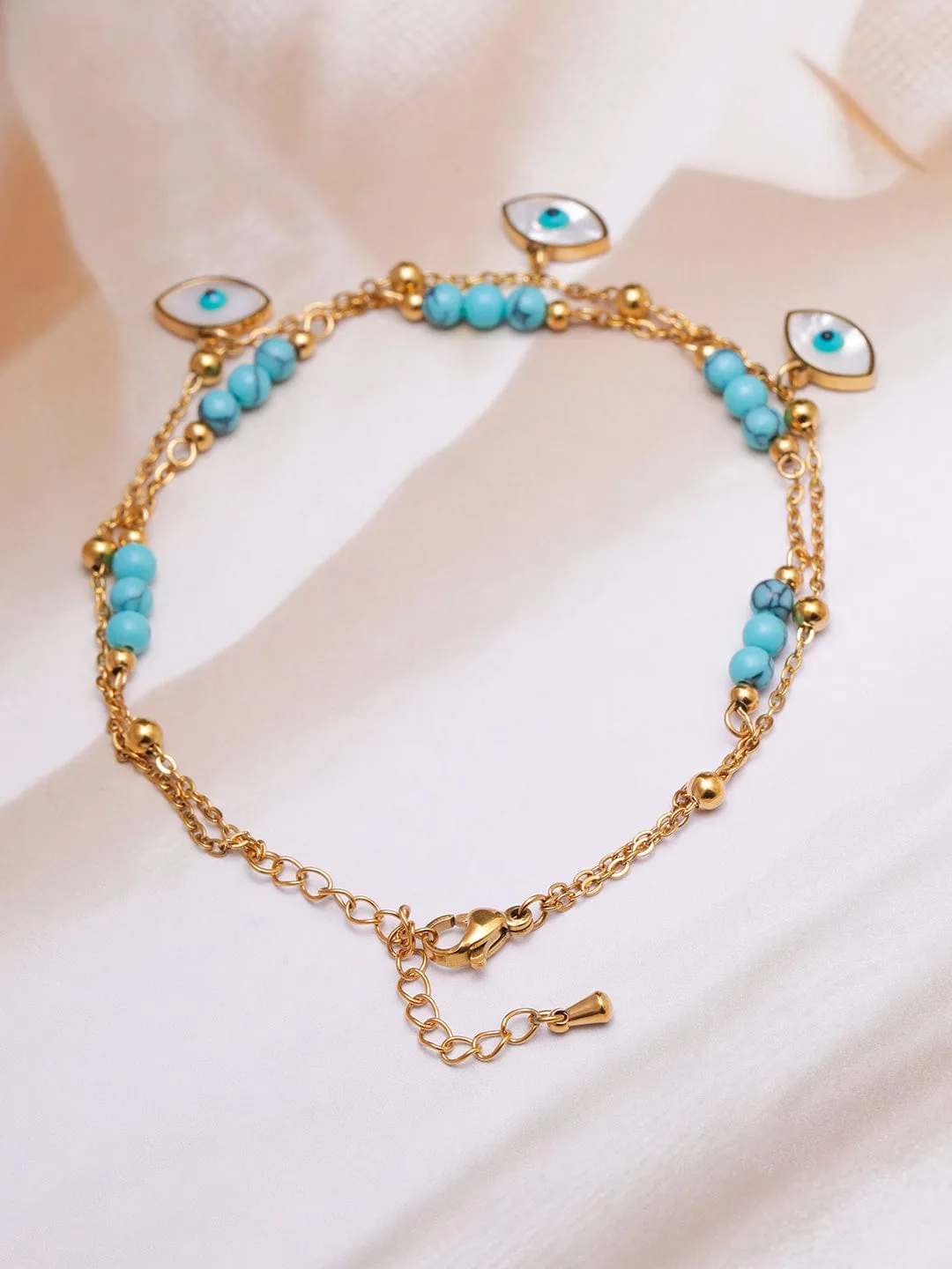 18K Gold-Plated Stainless Steel Tarnish-Free Waterproof Blue Bead Evil Eye Anklet