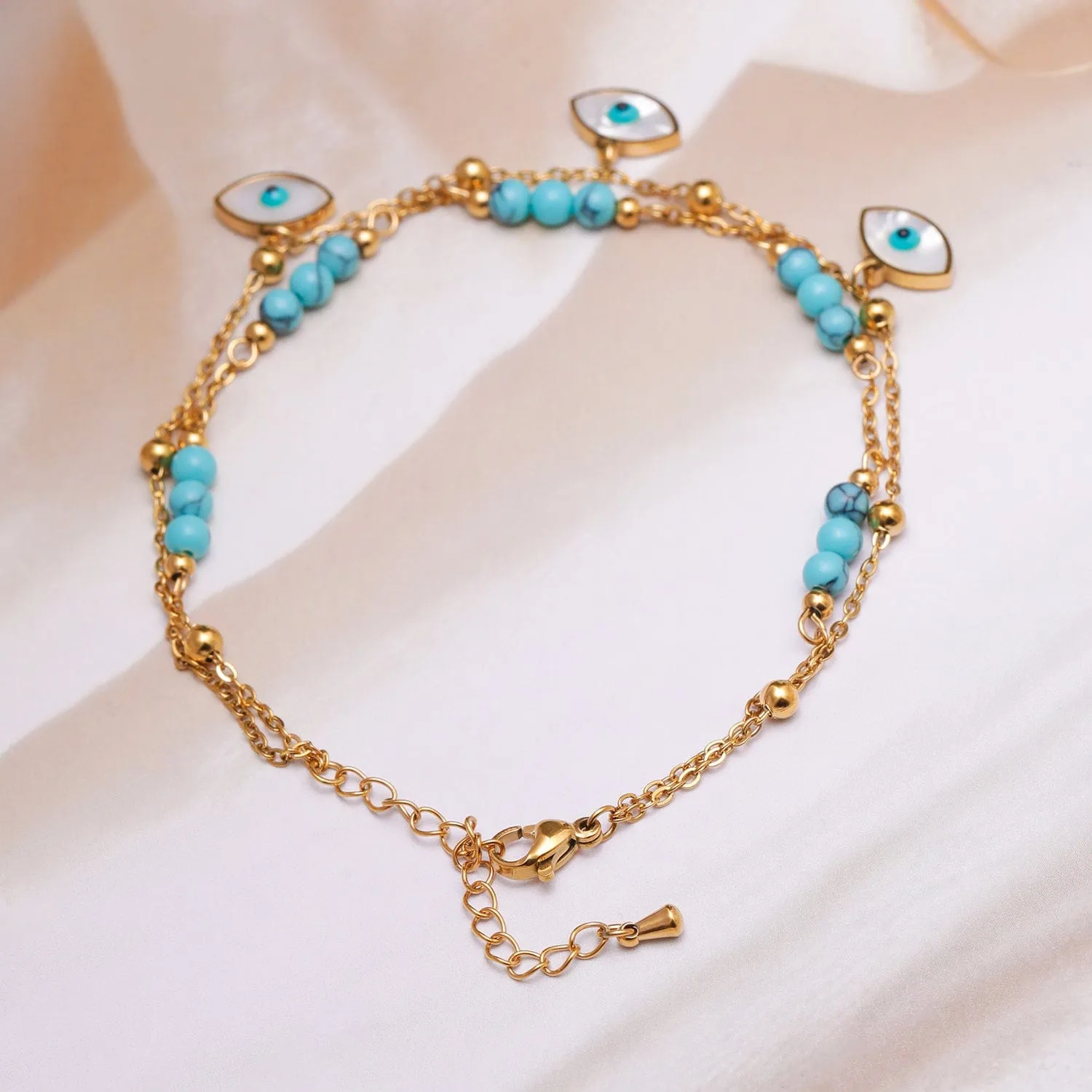 18K Gold-Plated Stainless Steel Tarnish-Free Waterproof Blue Bead Evil Eye Anklet