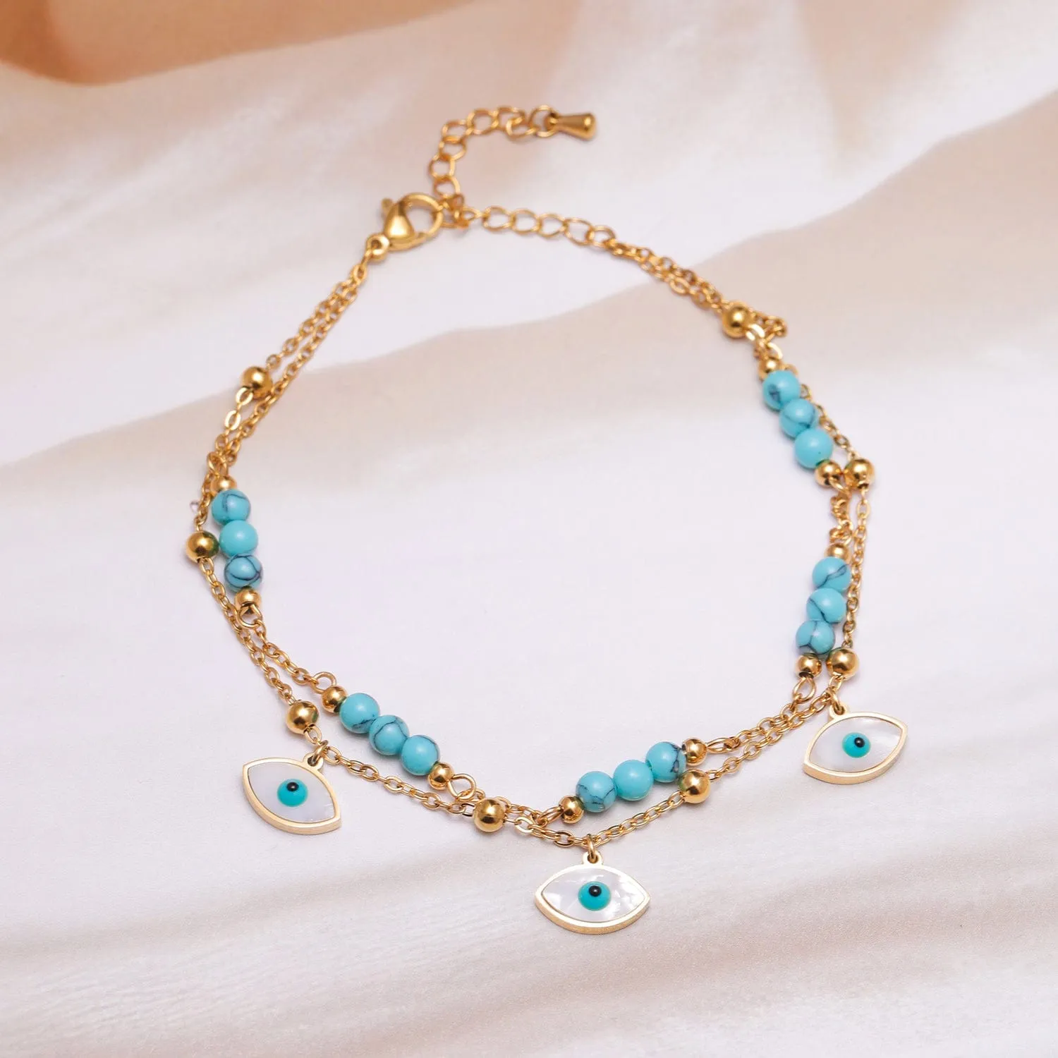 18K Gold-Plated Stainless Steel Tarnish-Free Waterproof Blue Bead Evil Eye Anklet