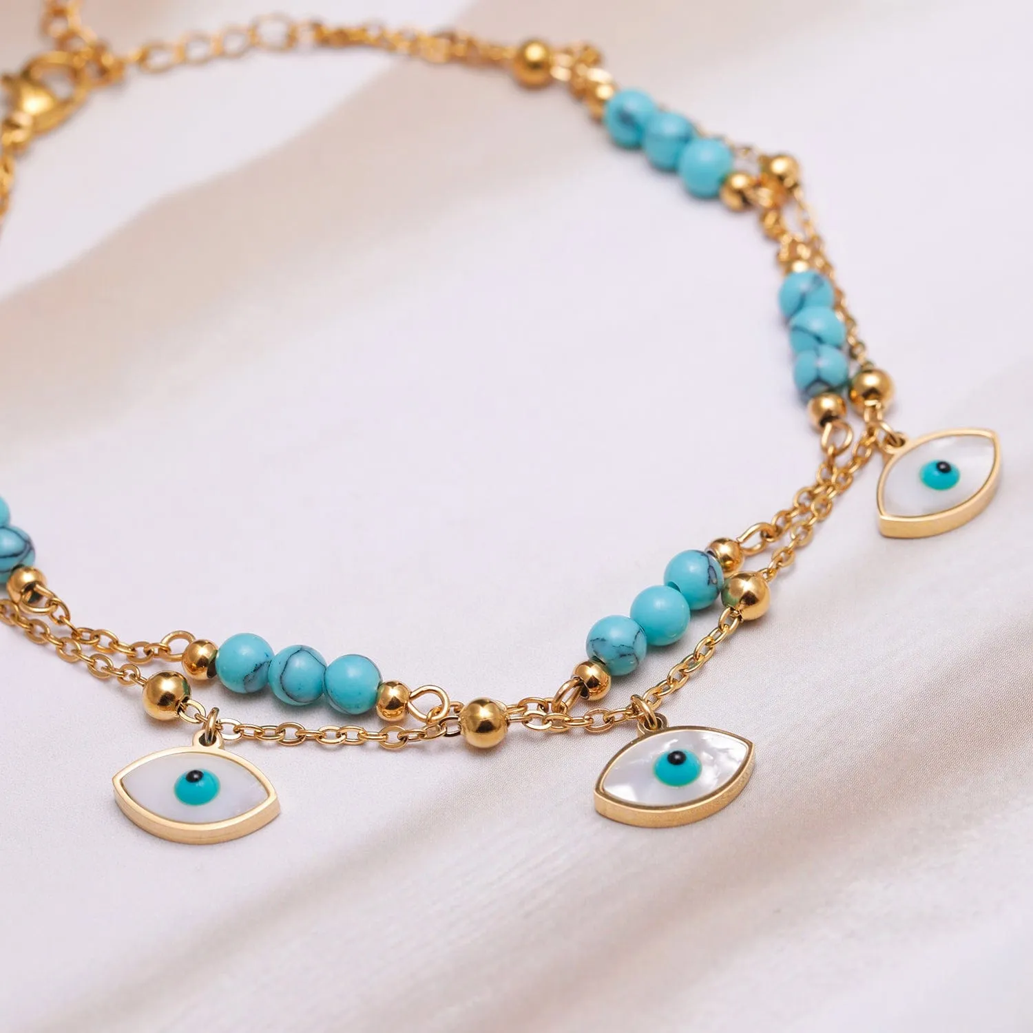 18K Gold-Plated Stainless Steel Tarnish-Free Waterproof Blue Bead Evil Eye Anklet