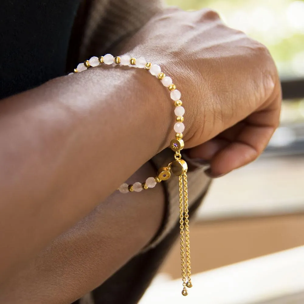 18k Gold Plated Sterling Silver Rose Quartz Bead Bracelet Bolo Bracelet