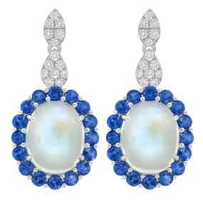 18K White Moonstone, Sapphire and Natural Diamond Drop Earrings