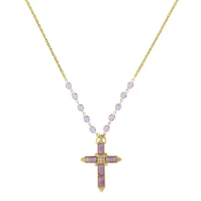 1928 Jewelry Amethyst Moonstone Cross Pendant & Tanzanite Glass Bead Necklace 28"