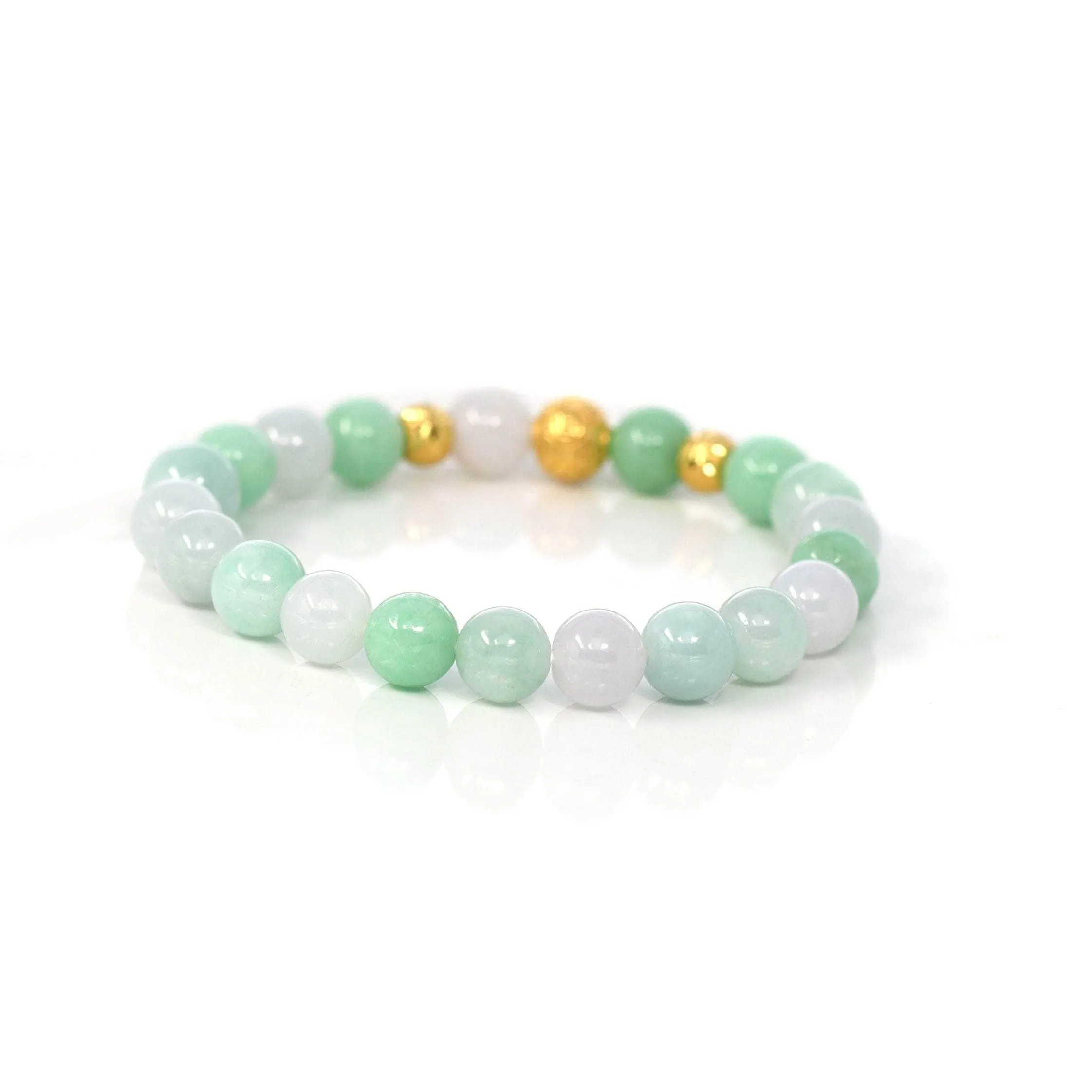 24K Pure Yellow Gold Money Beads With Genuine Green Jade Round Beads Bracelet ( 9 mm )