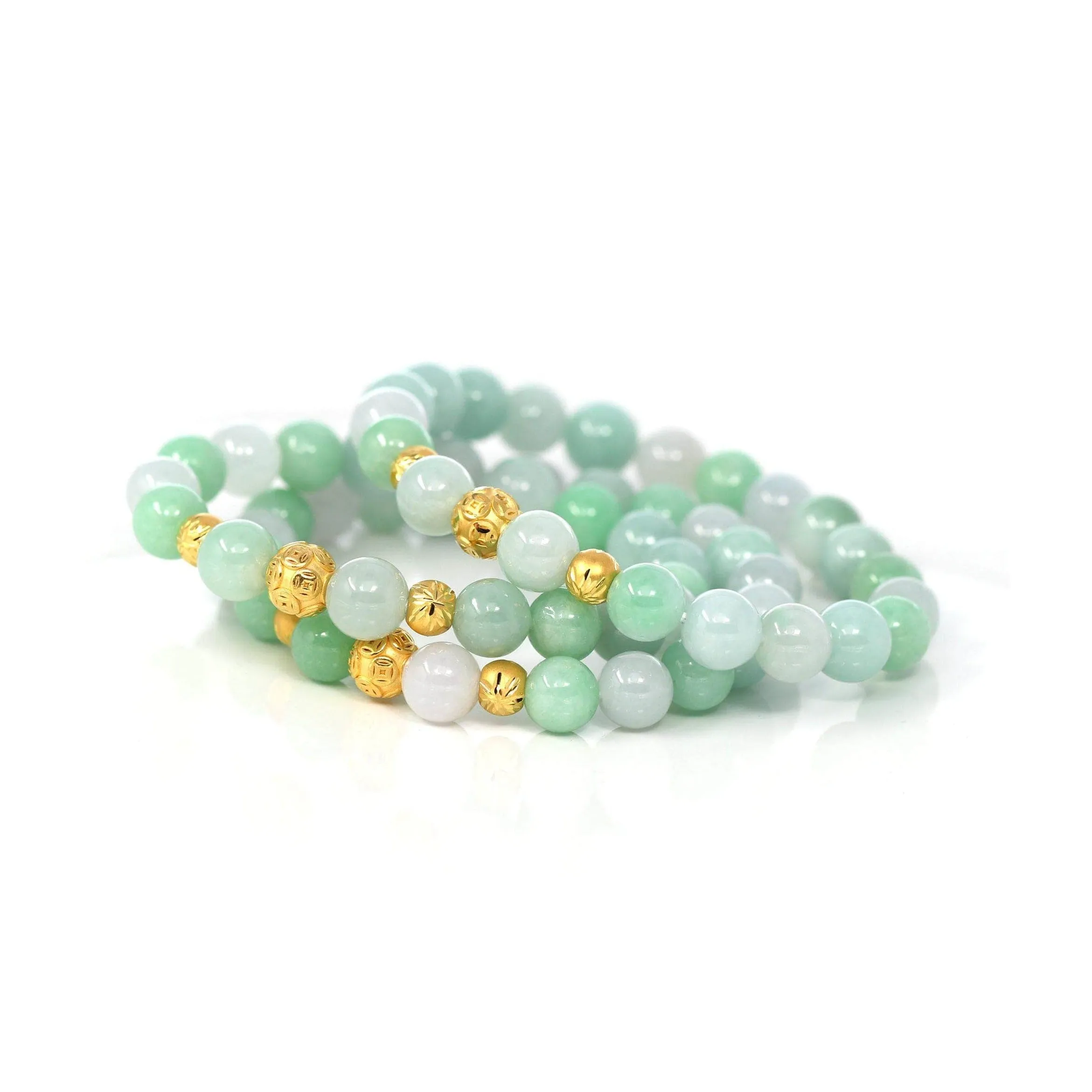 24K Pure Yellow Gold Money Beads With Genuine Green Jade Round Beads Bracelet ( 9 mm )