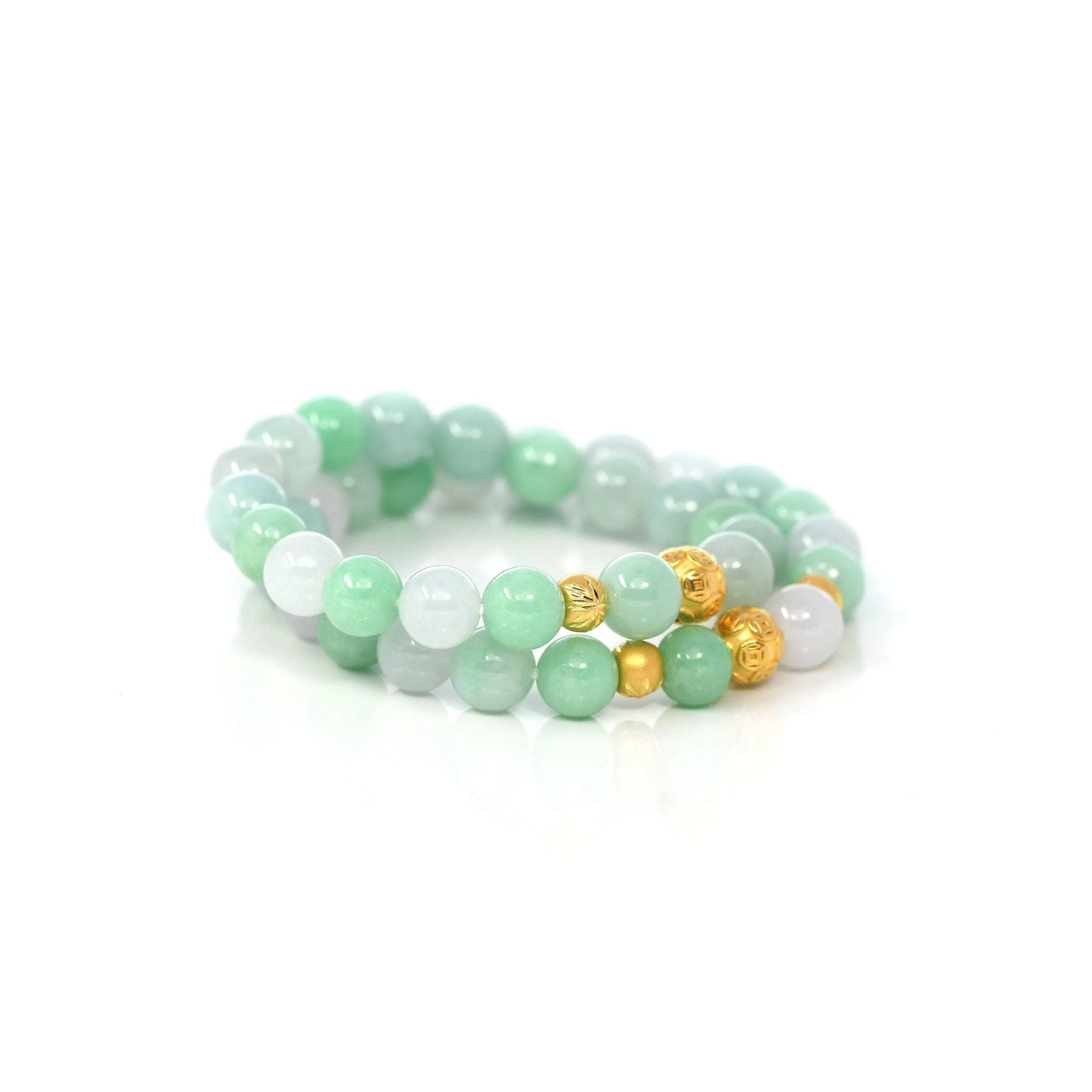 24K Pure Yellow Gold Money Beads With Genuine Green Jade Round Beads Bracelet ( 9 mm )