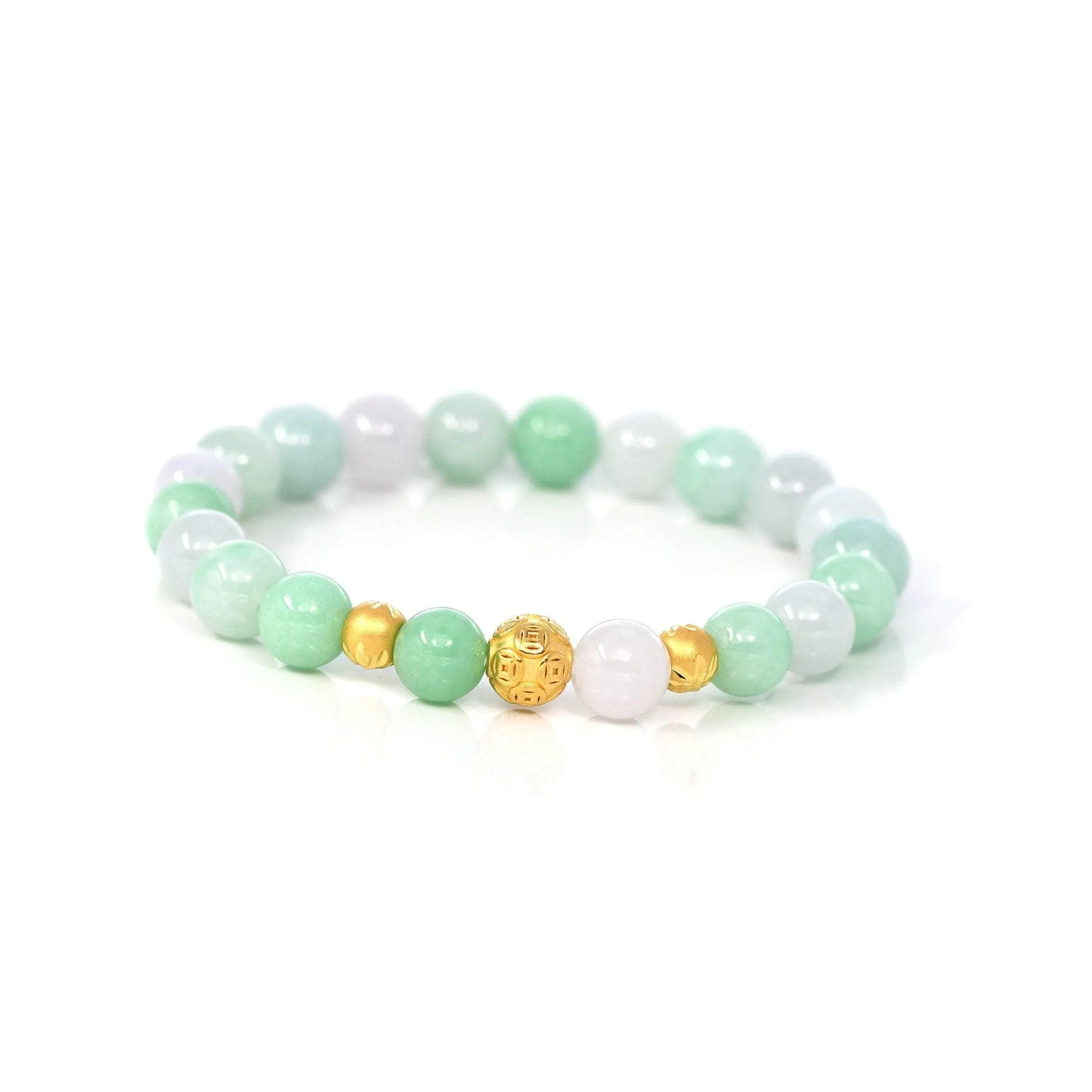 24K Pure Yellow Gold Money Beads With Genuine Green Jade Round Beads Bracelet ( 9 mm )