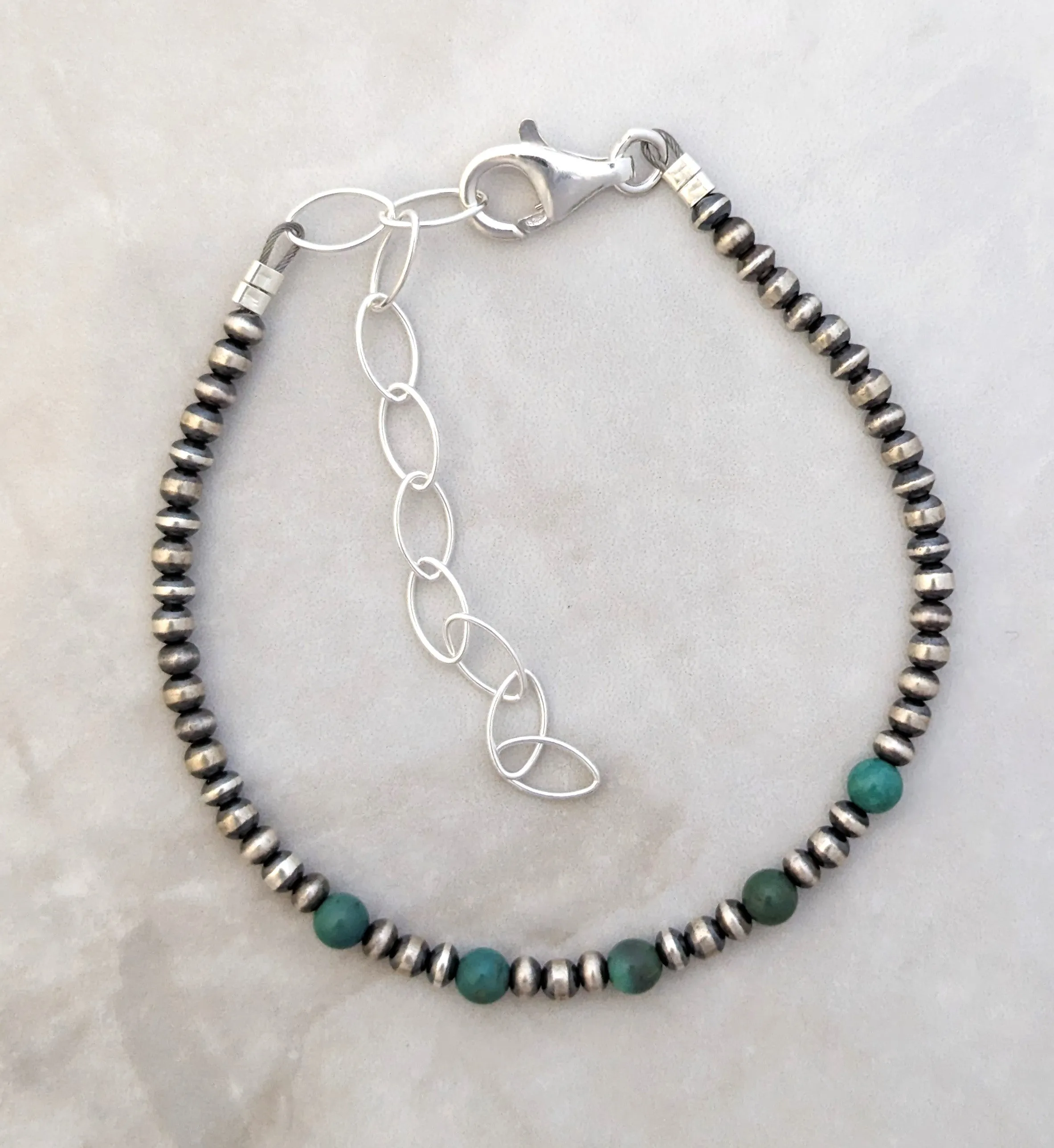 3mm Navajo Pearls & 5 Stone Green Turquoise Bracelet Sterling Silver