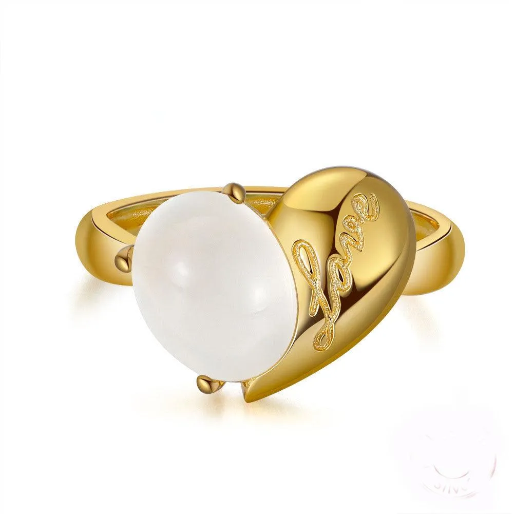 925 Sterling Silver 14K Gold Plated Jewelry Natural Moonstone Heart Ring