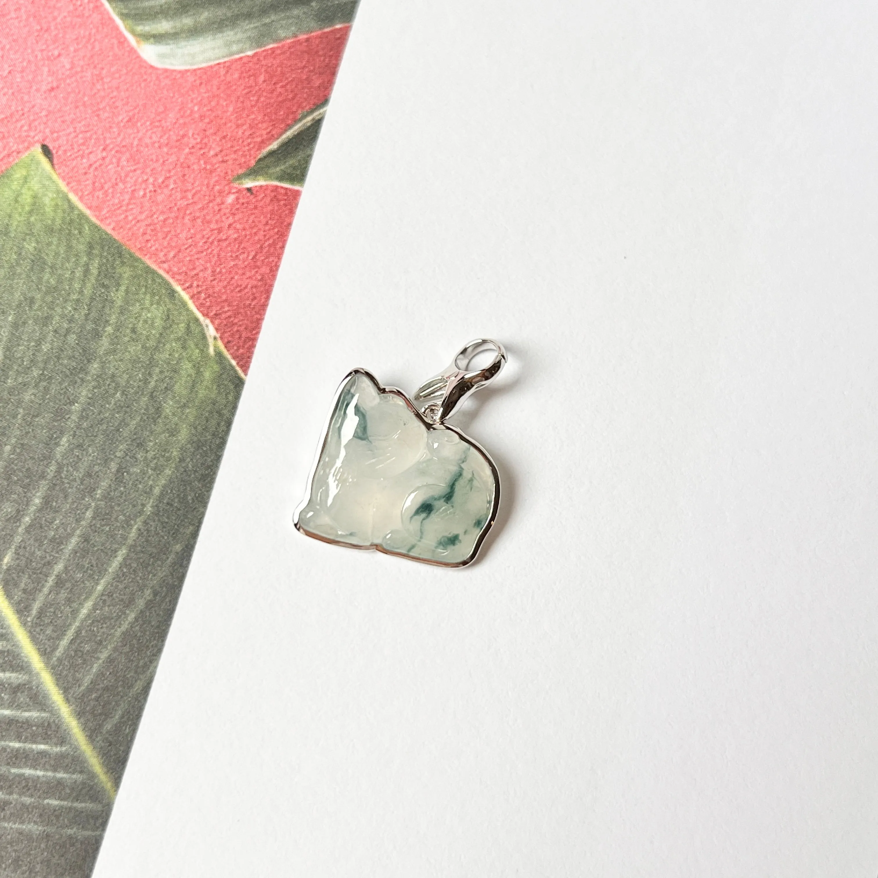 A-Grade Natural Bluish Floral Jadeite Cat Charm No. 172452