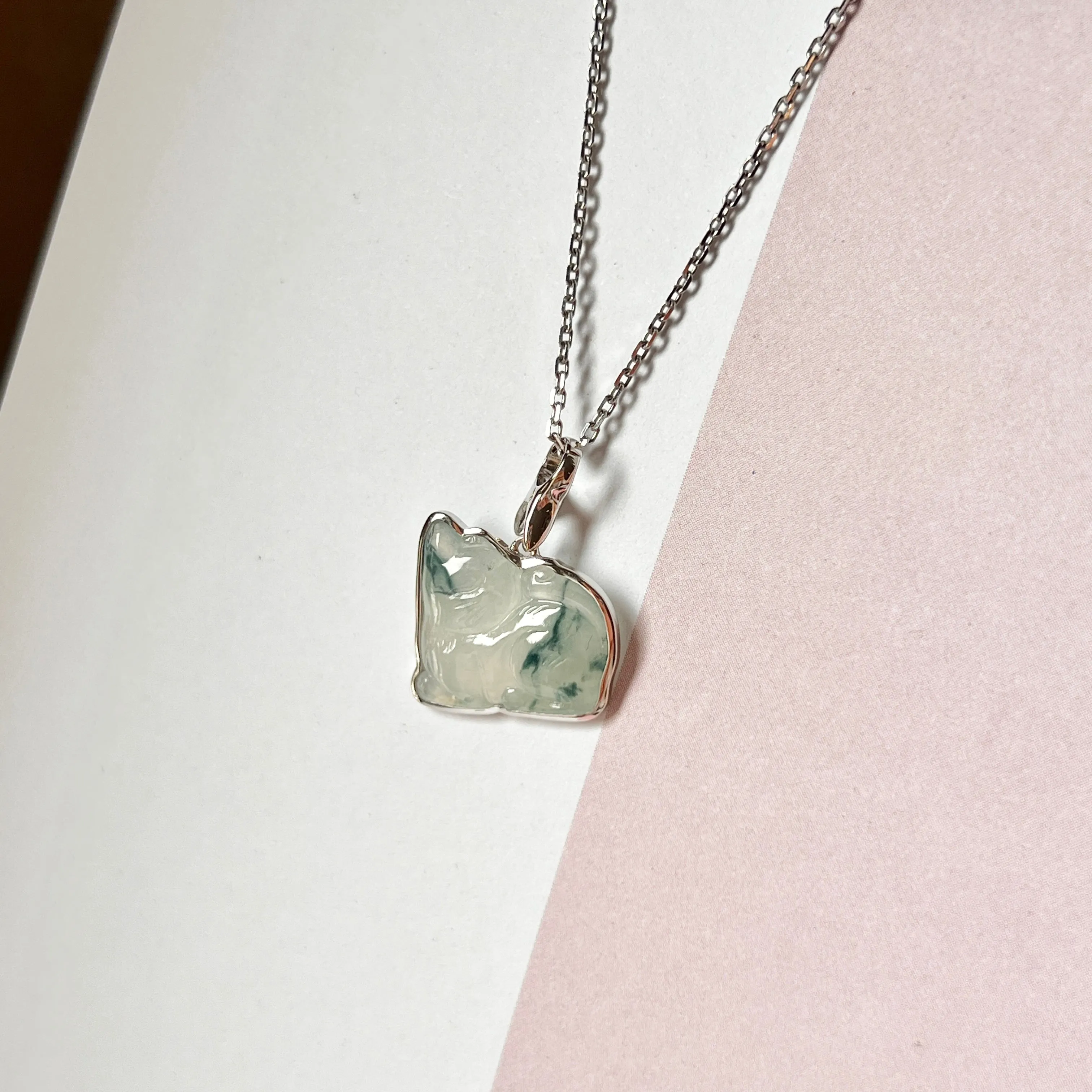 A-Grade Natural Bluish Floral Jadeite Cat Charm No. 172452