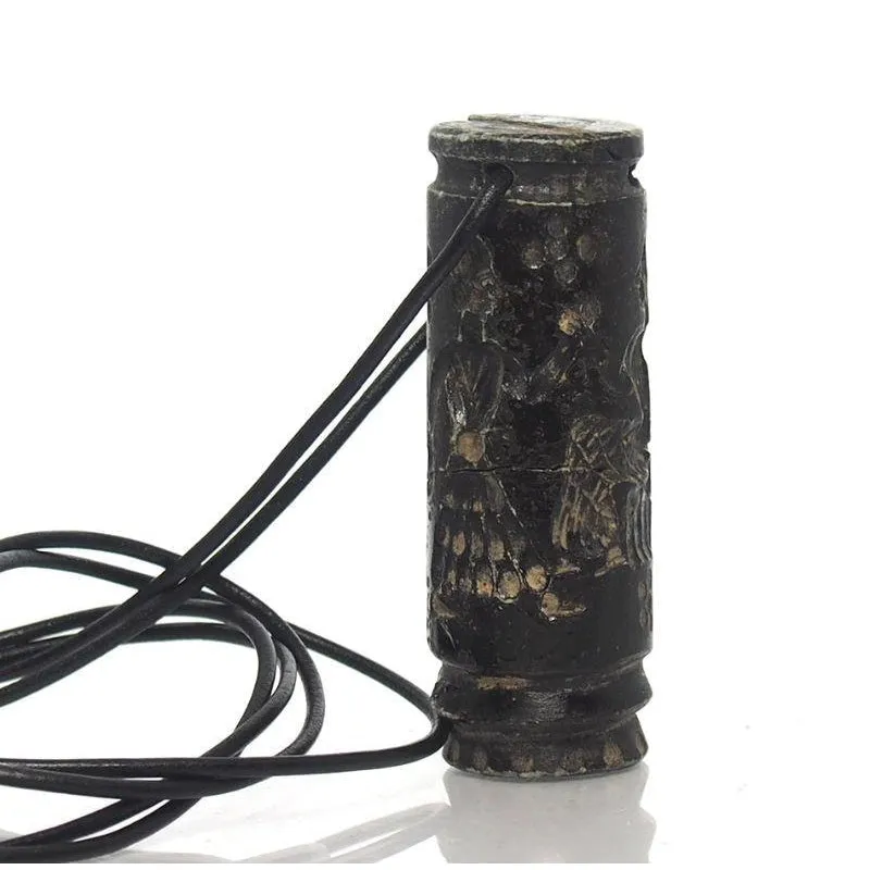 Afghan Carved Seal Cylinder, Onyx Bead Pendant Necklace