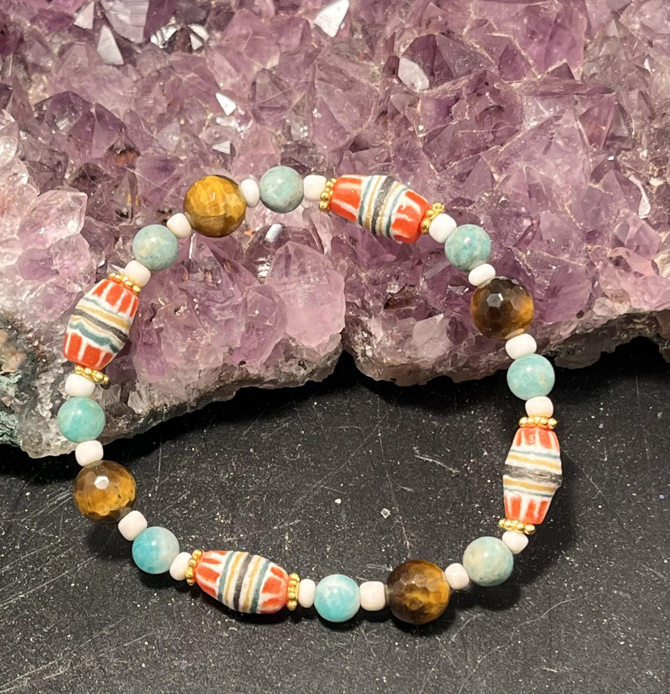 African Beads, Amazonite and Tigers Eye Stretchy Bracelet