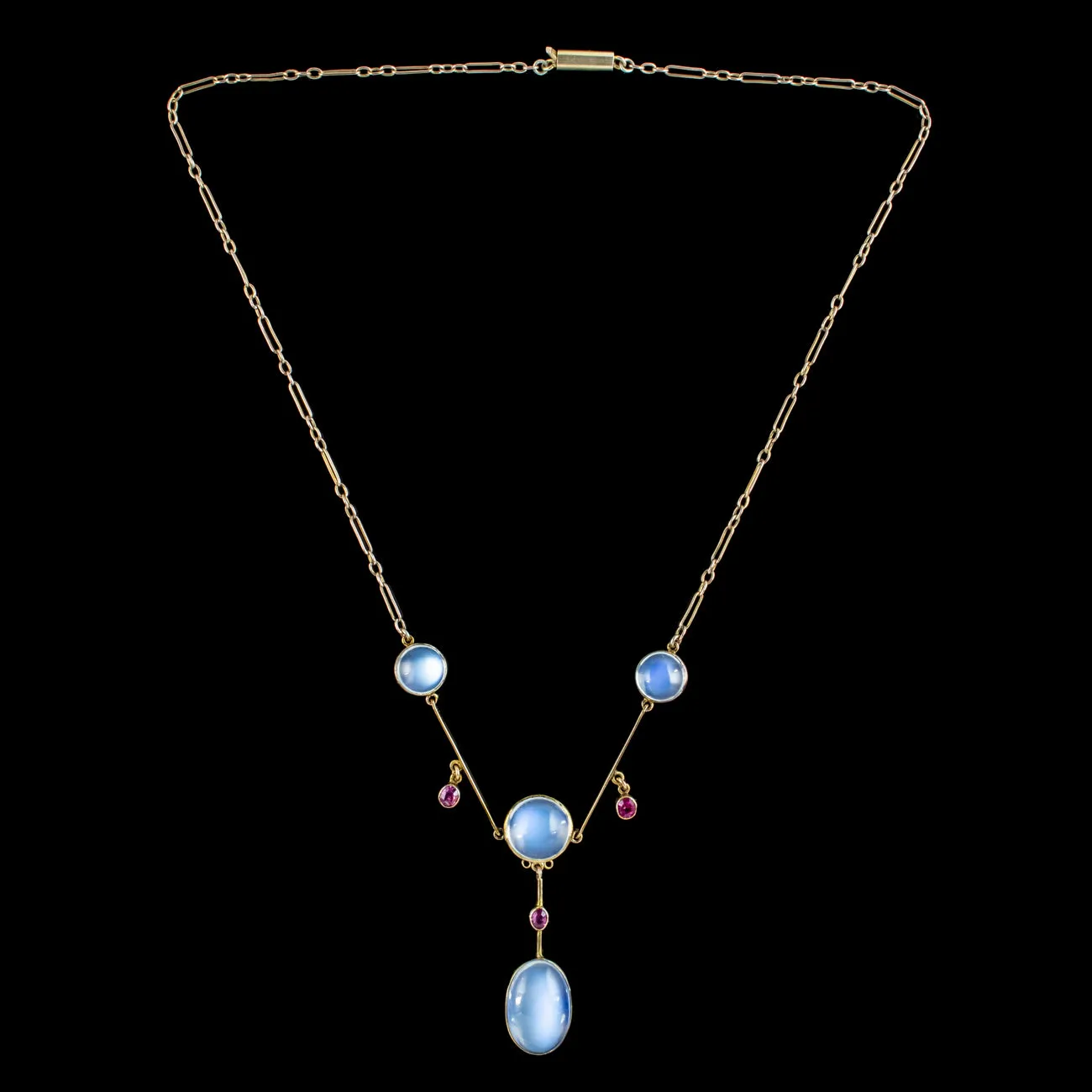 Antique Edwardian Moonstone Ruby Lavaliere Necklace 15ct Gold