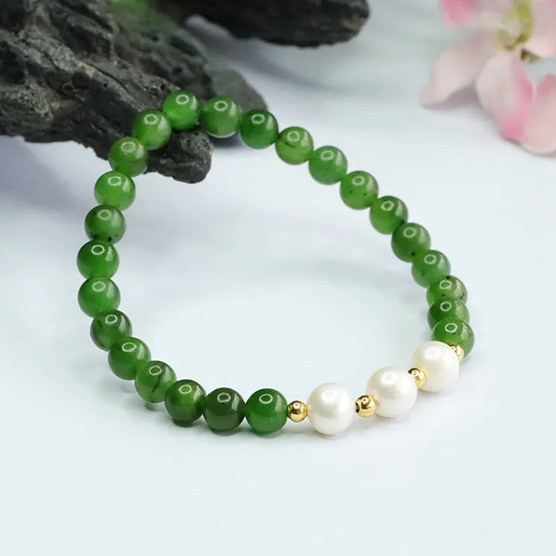 Antique Sterling Silver Bracelet with Natural Hotan Jade and Jasper Pearls