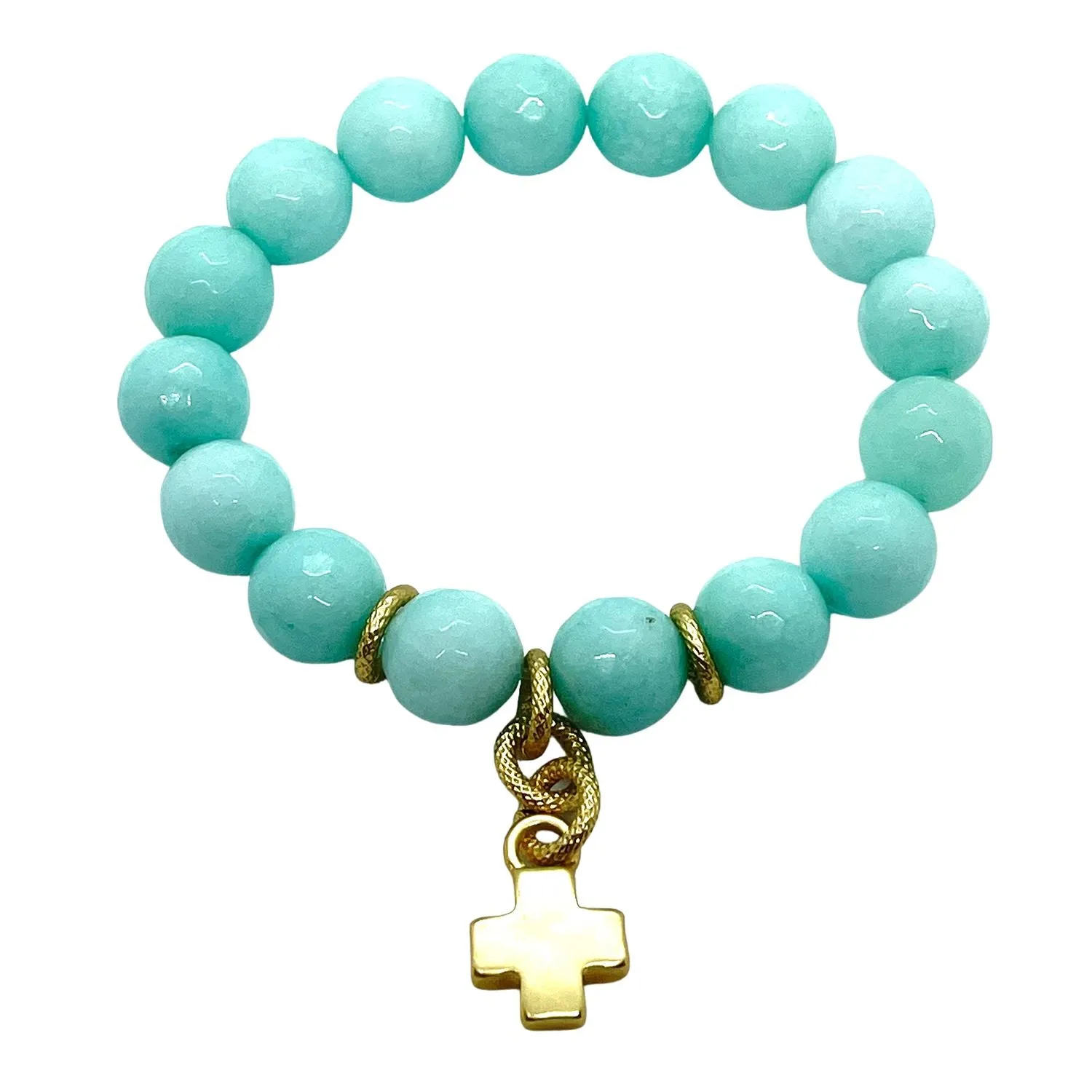 Aqua Jade Matte Gold Cross Stretch Bracelet