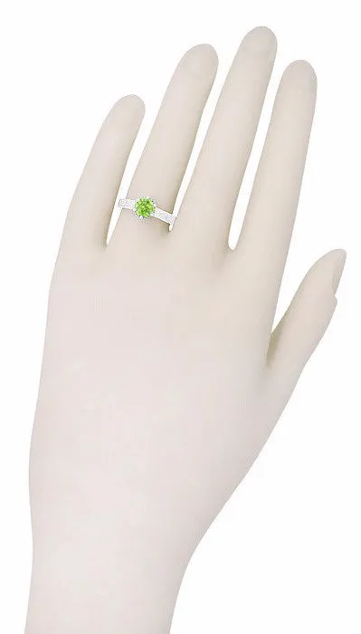 Art Deco Crown Filigree Scrolls Peridot Promise Ring in Sterling Silver