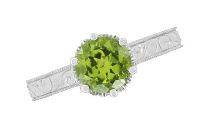 Art Deco Crown Filigree Scrolls Peridot Promise Ring in Sterling Silver