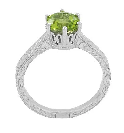 Art Deco Crown Filigree Scrolls Peridot Promise Ring in Sterling Silver