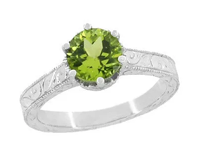 Art Deco Crown Filigree Scrolls Peridot Promise Ring in Sterling Silver