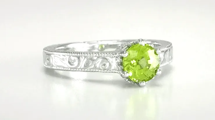 Art Deco Crown Filigree Scrolls Peridot Promise Ring in Sterling Silver