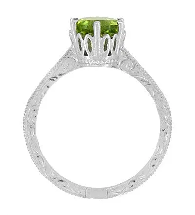 Art Deco Crown Filigree Scrolls Peridot Promise Ring in Sterling Silver