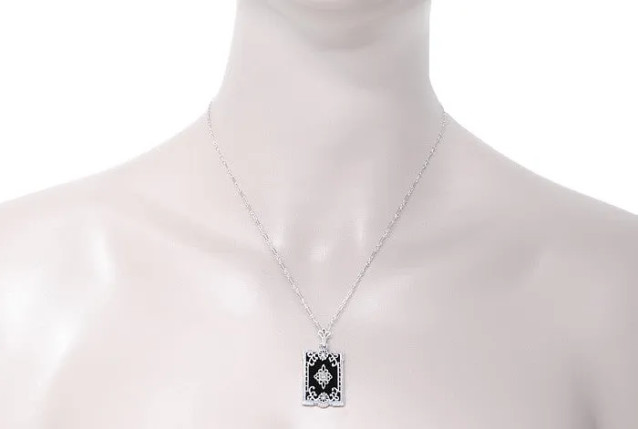 Art Deco Filigree Black Onyx and Diamond Pendant Necklace in Sterling Silver