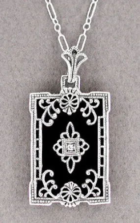 Art Deco Filigree Black Onyx and Diamond Pendant Necklace in Sterling Silver