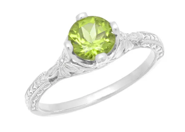 Art Deco Flowers & Wheat Engraved Peridot Promise Ring in Sterling Silver | Vintage Replica