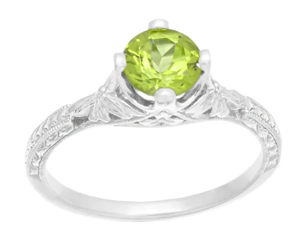 Art Deco Flowers & Wheat Engraved Peridot Promise Ring in Sterling Silver | Vintage Replica