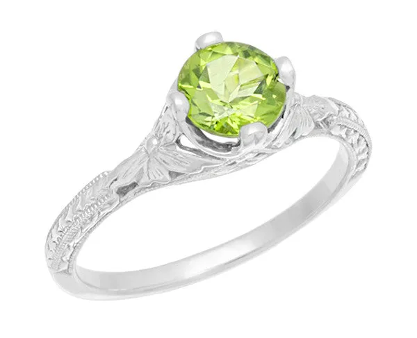 Art Deco Flowers & Wheat Engraved Peridot Promise Ring in Sterling Silver | Vintage Replica