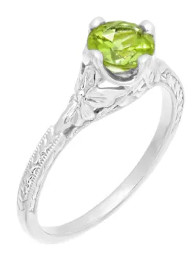 Art Deco Flowers & Wheat Engraved Peridot Promise Ring in Sterling Silver | Vintage Replica