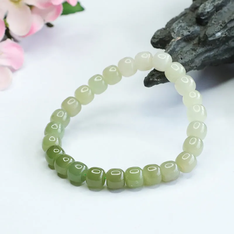 Authentic Hetian Jade Bead Bracelet with Sterling Silver Detail