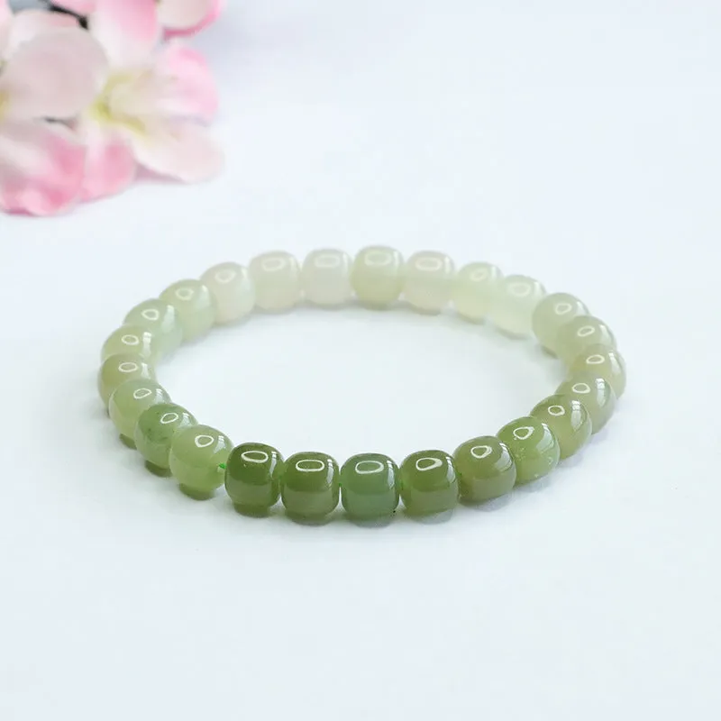 Authentic Hetian Jade Bead Bracelet with Sterling Silver Detail