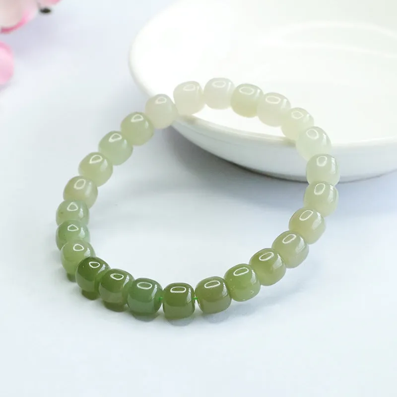 Authentic Hetian Jade Bead Bracelet with Sterling Silver Detail