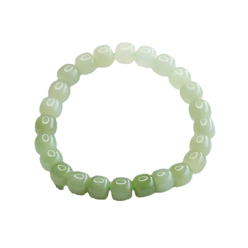 Authentic Hetian Jade Bead Bracelet with Sterling Silver Detail