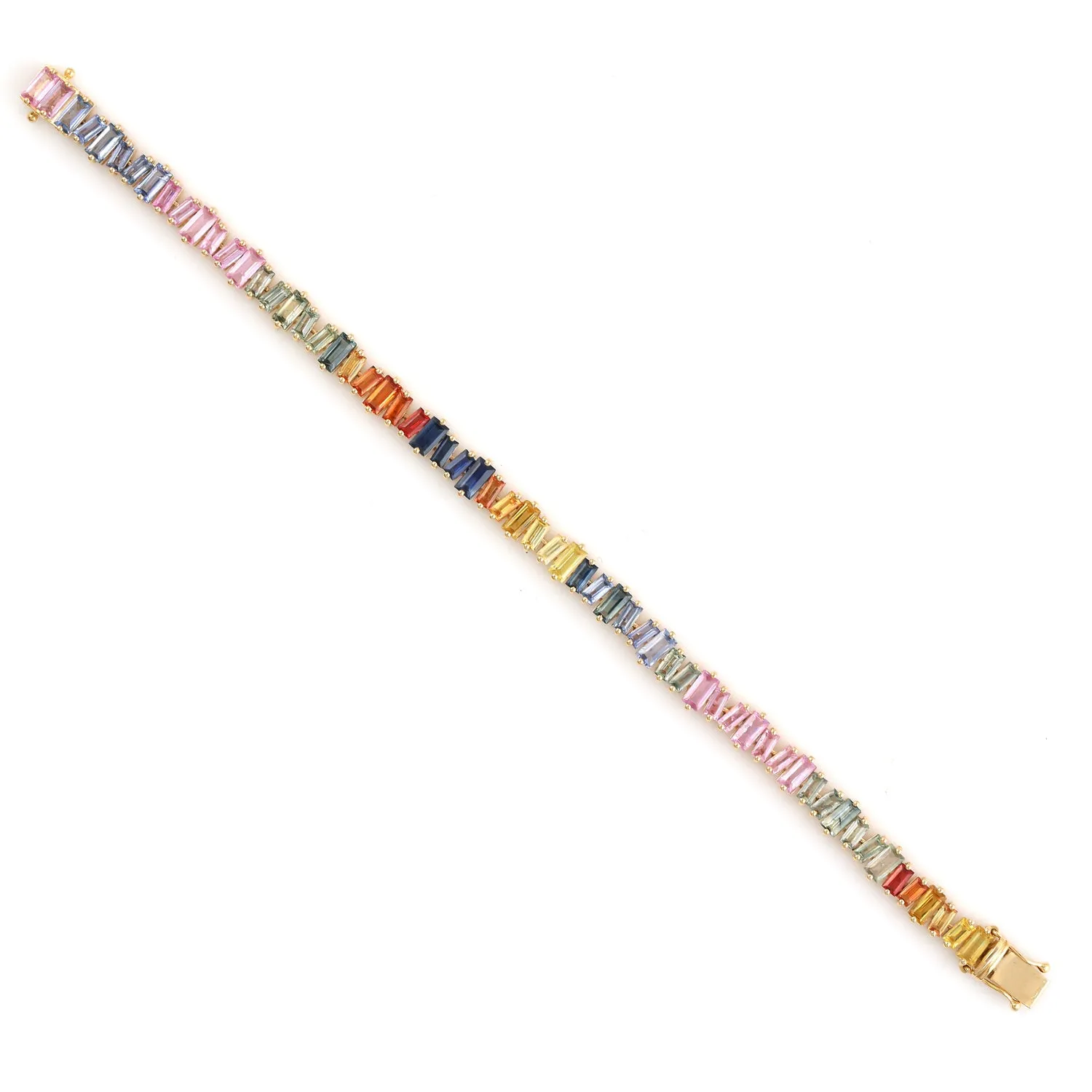 Baguette Multicolor Sapphire 18k Yellow Gold Fixed Flexible Bracelet For Her