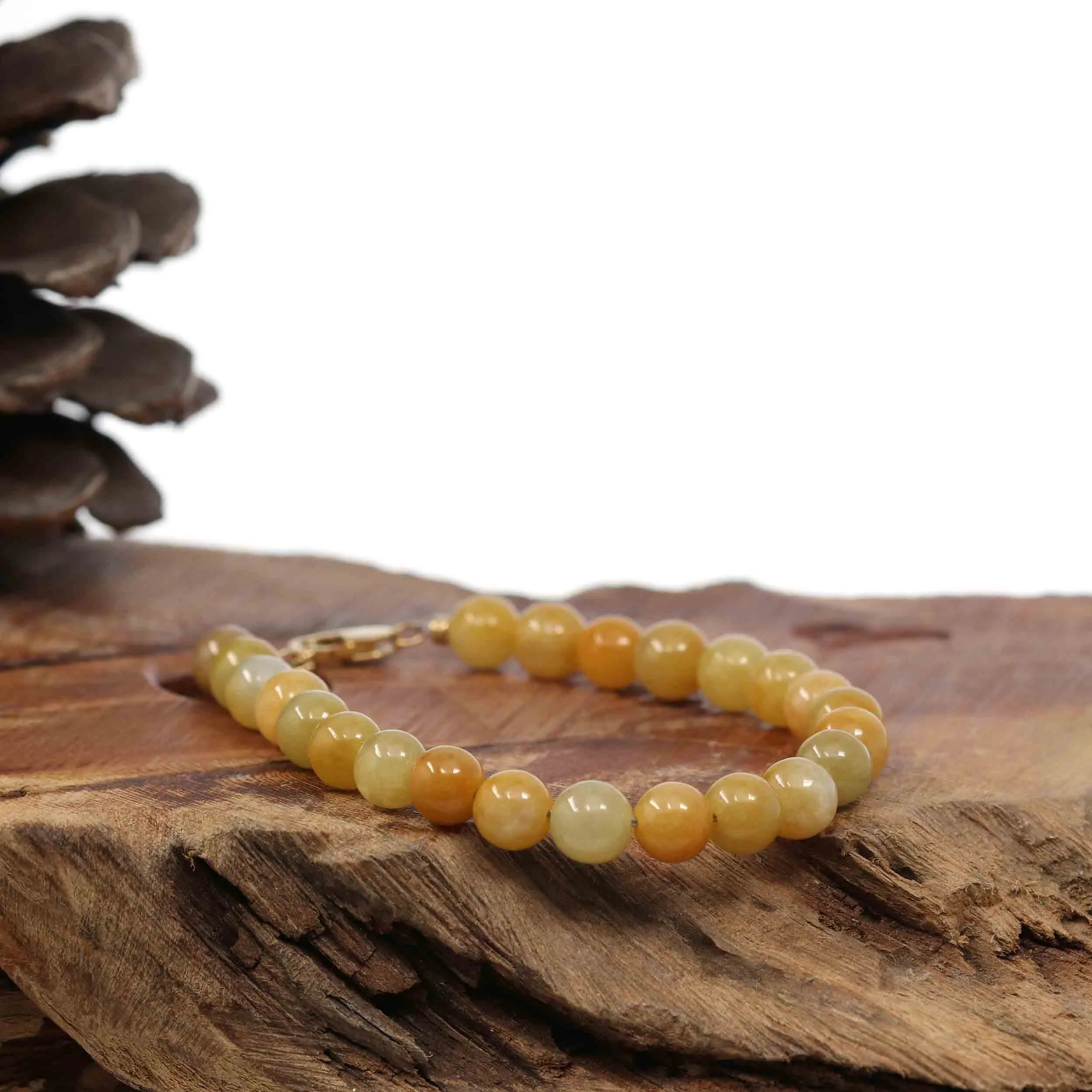 Baikalla Genuine Yellow Jadeite Jade Round Beads Bracelet With 18K Yellow Gold Clasp ( 7 mm )