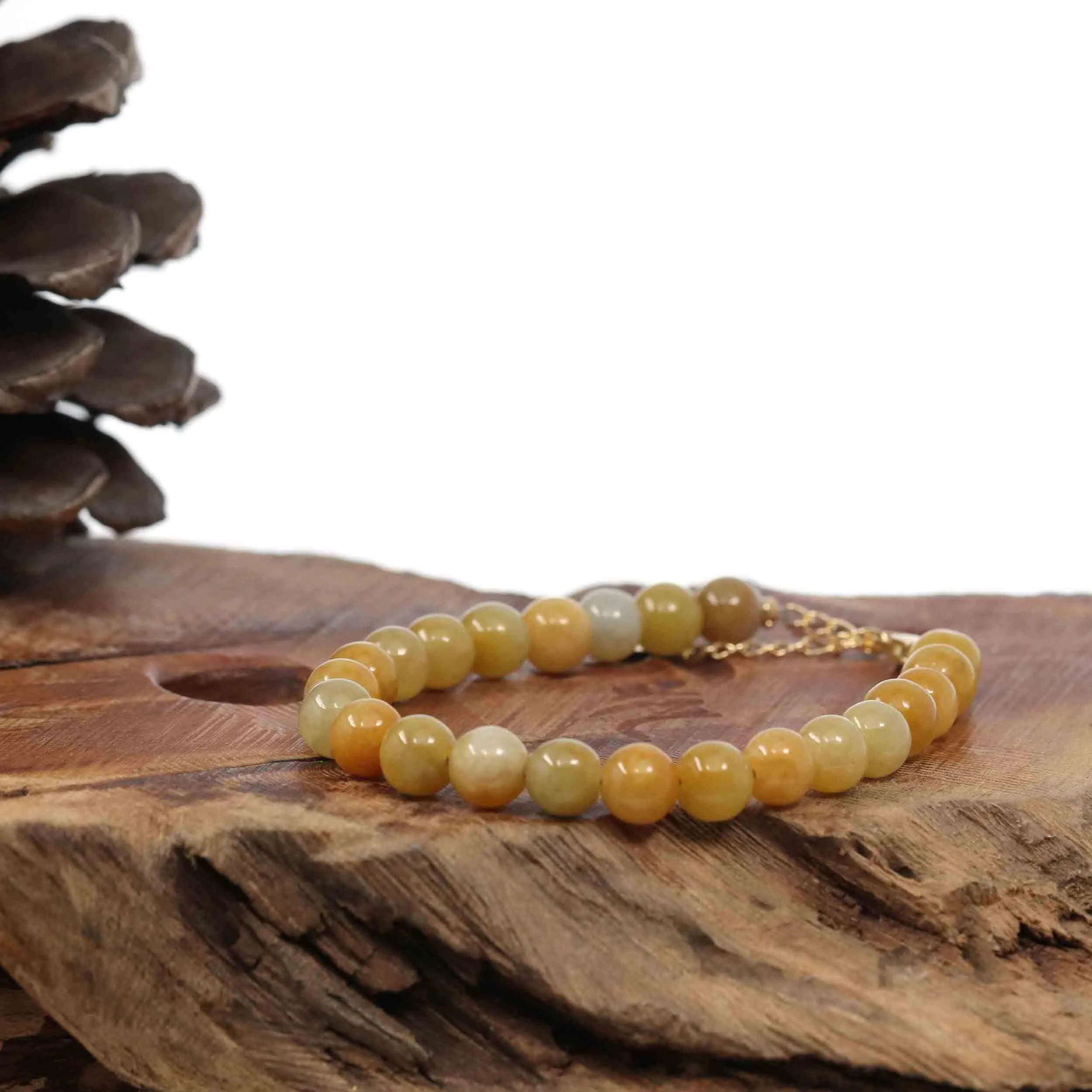 Baikalla Genuine Yellow Jadeite Jade Round Beads Bracelet With 18K Yellow Gold Clasp ( 7 mm )