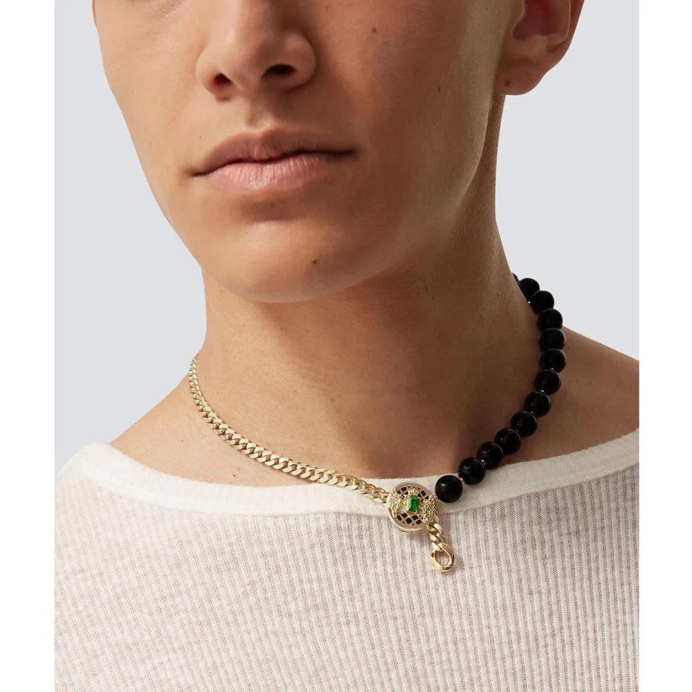 Balmain 18KY Yellow Gold Tsavorite and Onyx Emblem Necklace